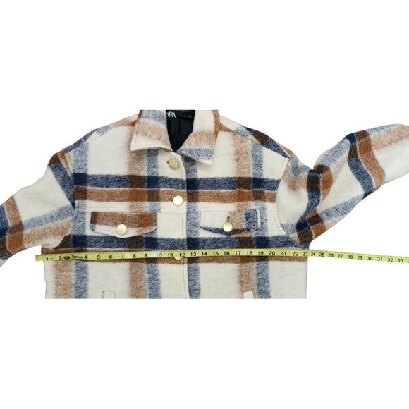 Zara Plaid Wool Blend Jacket With Gold Buttons In Cream Brown And Blue Size S - Picture 10 of 11